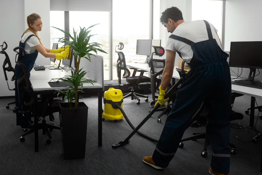 Full shot people cleaning office