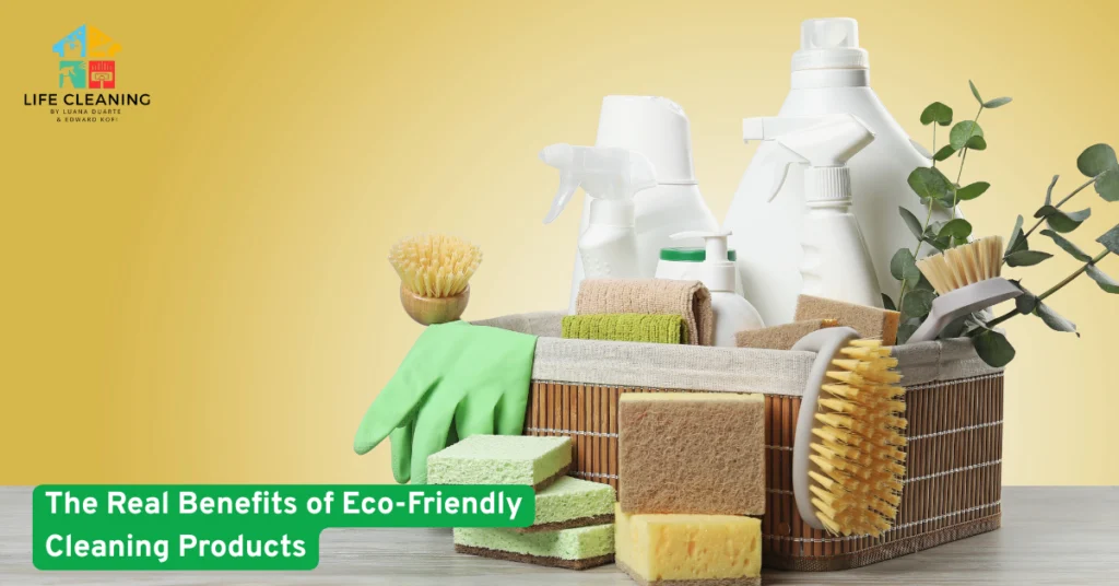 Eco-friendly cleaning products in a basket with natural brushes and reusable sponges on a yellow background