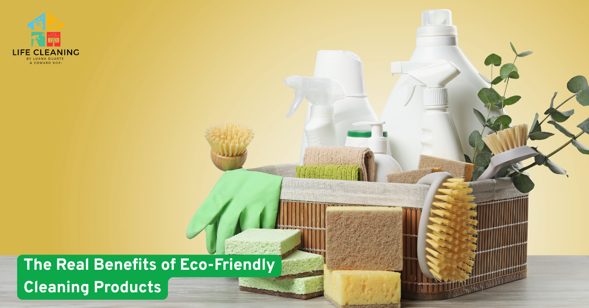 Eco-friendly cleaning products in a basket with natural brushes and reusable sponges on a yellow background