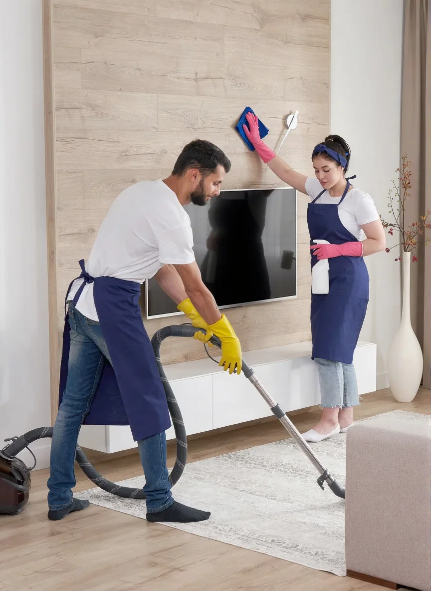 Professional cleaning service team cleans living room in modern apartment